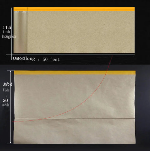 Adhesive Masking Paper Roll No Fuss 20 Inch by 50 Feet showing folded and unfolded views with measurements