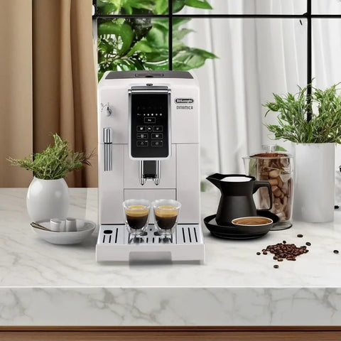 Slick One Touch Bean To Cup Espresso Maker In Crisp White featuring steel burr grinder, brewing espresso shots on countertop.