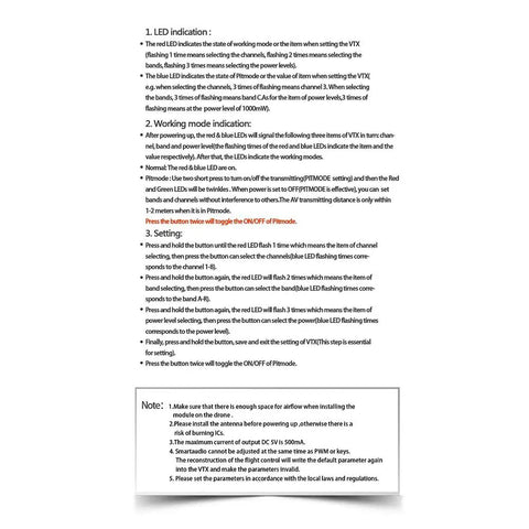 Instruction manual page for Over 20Km Range 5.8GHz FPV Wireless Transmitter detailing LED indication and working mode.