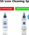 Two ZEISS Lens Cleaner spray bottles, 8 oz each, with blue spray nozzles; old and new packaging.