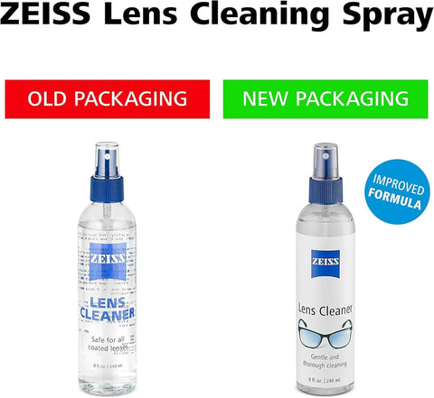 Two ZEISS Lens Cleaner spray bottles, 8 oz each, with blue spray nozzles; old and new packaging.