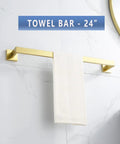 Four Piece Brushed Gold Stainless Steel Bathroom Hardware Set Including Towel Bars Toilet Paper Holder And Cloth Hook Made With SUS304 Rust Resistant Finish For Durable Modern Sleek Bathroom Organization And A Cool Vibe, showing 24-inch towel bar with towel.