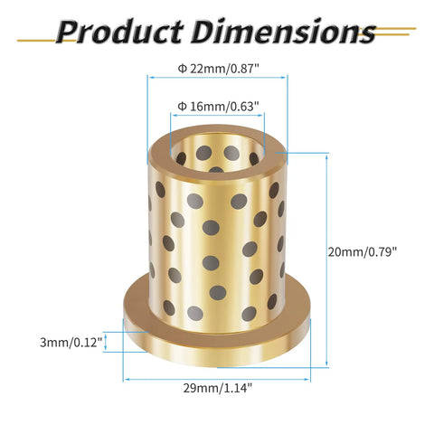 Dimensions of 2 Pcs Brass Graphite Wrapped Oilless Bushings Flanged Sleeve Bearings Heavy Duty 16mm ID By 22mm OD 20mm Length