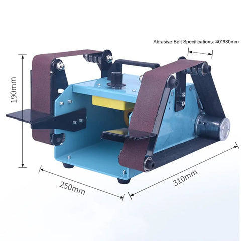 950W Electric Mini Belt Sander Double Ended Bench Grinder Kit Adjustable Angle Work Table showing compact design and abrasive belt setup.