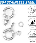 Killer Quality 10 Pack M4 X 10mm 304 Stainless Steel Eye Bolts With Nuts And Washers Included Rust Beater Hardware Set, showing eye bolts and hardware pieces.