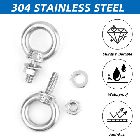 Killer Quality 10 Pack M4 X 10mm 304 Stainless Steel Eye Bolts With Nuts And Washers Included Rust Beater Hardware Set, showing eye bolts and hardware pieces.