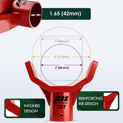 Red bottle jack adapter for 12t jack; steel lifting saddle for 3in and 4in axles, fits 1.65in or smaller accessories