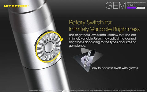 Close-up of GEM8 Gemstone Identification Light 500 Lumens White LED Handheld Tool rotary switch for brightness adjustment.