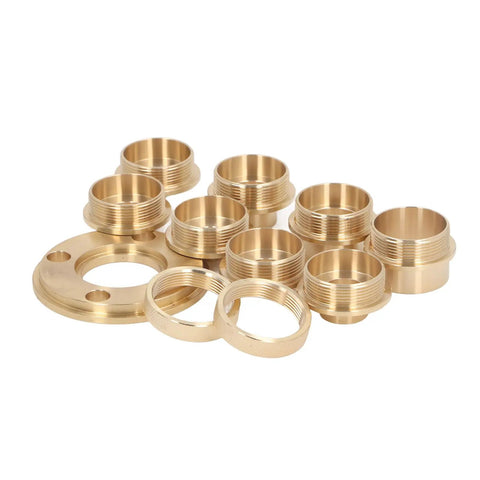 Solid Brass Router Template Bushing Guides Set 11 Piece Heavy Duty Woodworking Kit components with various sizes and threaded designs.