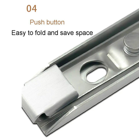 Heavy Duty Folding Triangle Wall Brackets For Custom Corner Shelves showing stainless steel push button mechanism for easy folding.