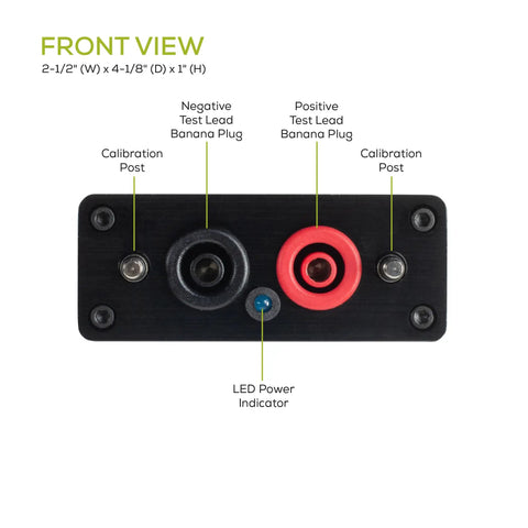 Front view of DATS V3 Computer Based Speaker And Audio Component Test System with USB interface, showing banana plugs and LED indicator.
