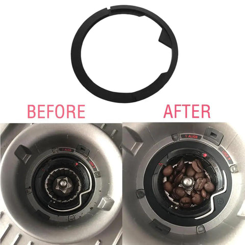 Upper Burr Gasket Silicone Seal And Two Felt Washers Replacement Kit For Barista Express Pro Barista Touch And Smart Grinder Pro Coffee Machines BES870XL BES875 BES876 BES878 BES880 Easy Install No Tools Needed Plug And Play showing before and after installation in burr chamber.