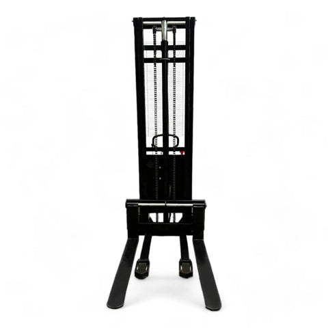 Heavy Duty Semi Electric Pallet Stacker Blasts 2204 Pounds Up To 138 Inches With Slim Legs And Reinforced Steel Forks For Crushed Loads And Relentless Shop Floor Hustle, front view.