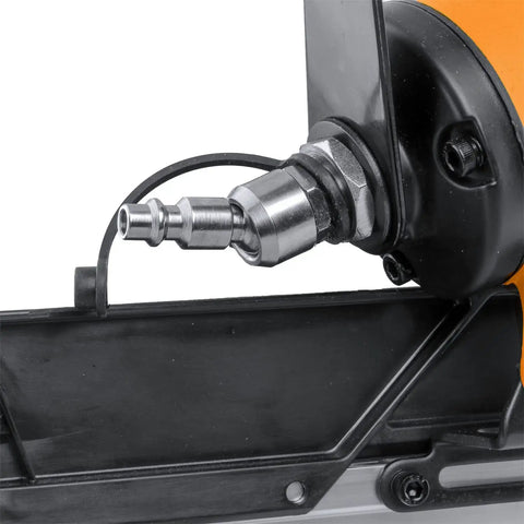 Close-up of 1/4 inch NPT air connector on Second Generation Compact Lightweight Pneumatic Framing Nailer With 21 Degree Magazine