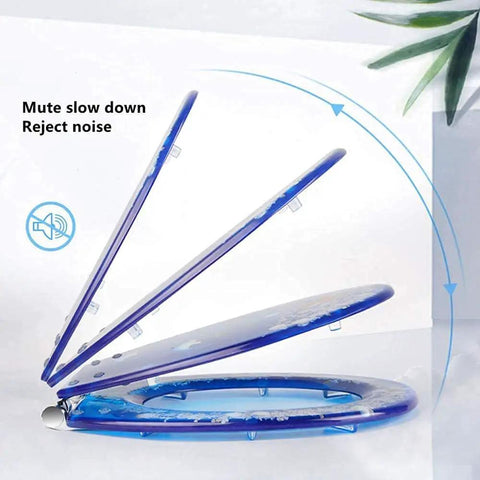 Dead Silent Soft Close Toilet Seat With Quick Release Hinges And Automatic Lowering showing blue plastic, ergonomic shape, and quiet closing mechanism.