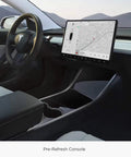 Tesla Model 3 Y Center Console Storage Trays Flocked Accessory Organizers Fit 2017 To 2023 in a pre-refresh interior with touchscreen.