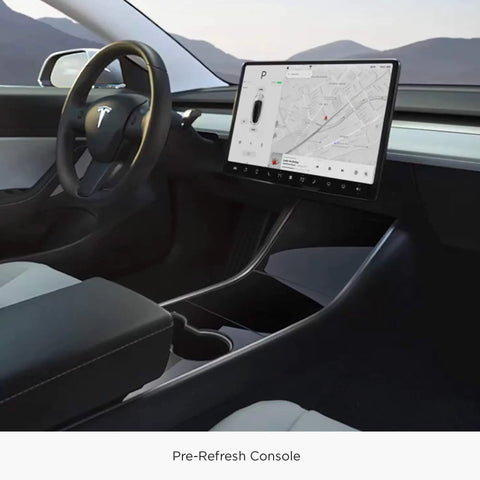 Tesla Model 3 Y Center Console Storage Trays Flocked Accessory Organizers Fit 2017 To 2023 in a pre-refresh interior with touchscreen.