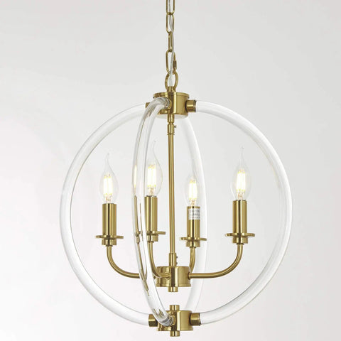 Modern Four Light Pendant Chandelier With Clear Acrylic Globes And Brass Finish In Dope Farmhouse Style, 15.9in diameter