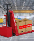Heavy Duty Electric Scissor Pallet Jack 3300lb Capacity Walkie Truck With 45x27 Forks Auto Induction Lift For Warehouses And Workshops loaded with boxes.