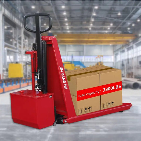 Heavy Duty Electric Scissor Pallet Jack 3300lb Capacity Walkie Truck With 45x27 Forks Auto Induction Lift For Warehouses And Workshops loaded with boxes.