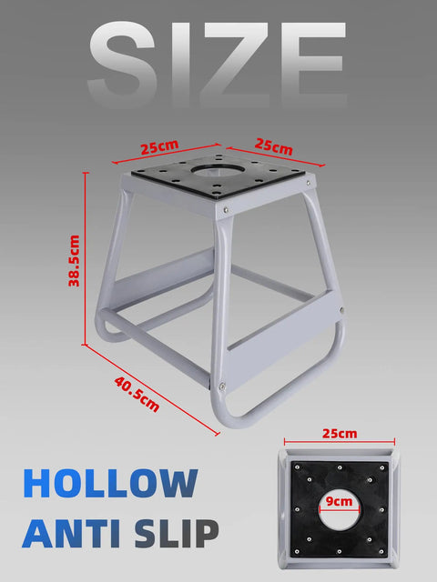 Beefy Dirt Bike Stand With Anti Slip Surface 450 Lbs Capacity Universal Detachable Motorcycle Lift Box Stand For Bikes And Powersports Maintenance Stable Iron Construction Gray, showing size dimensions