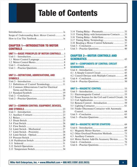 Table of Contents from the Brass Tacks Illustrated Guide To Understanding Basic Motor Controls Revised Edition manual for electricians.