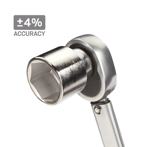 Close-up of a 3/4 inch drive micrometer torque wrench showing socket head, highlighting ±4% accuracy, for precise fastening.