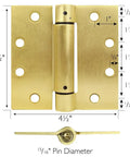 Heavy Duty 4.5 Inch Spring Hinge For Interior And Exterior Doors with Satin Brass Finish and Measurements for Installation