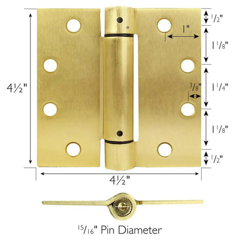 Heavy Duty 4.5 Inch Spring Hinge For Interior And Exterior Doors with Satin Brass Finish and Measurements for Installation