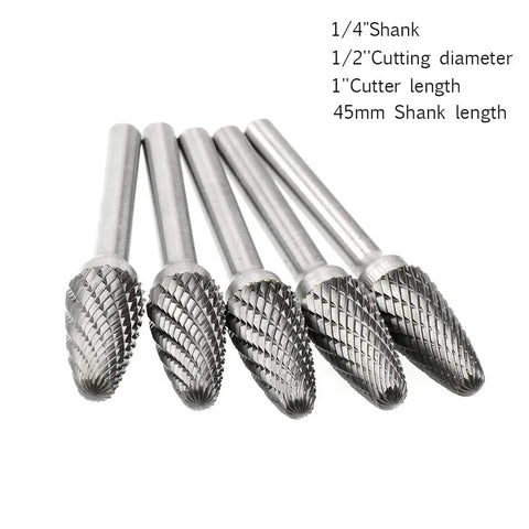 SF-5 Tungsten Carbide Burr Set Double Cut Rotary Burrs Tree Shape Radius End For Die Grinder, 1/2 Inch Diameter, Pack of Five