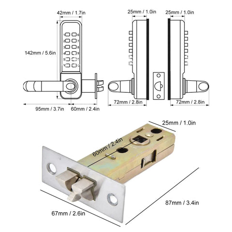 Battery Free Mechanical Combination Code Lock With Double Sided Keypad dimensions and latch details for outdoor gates and doors