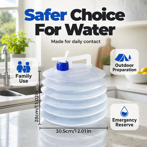 Collapsible Water Container With Spigot And Hook For Camping And Hiking BPA Free Foldable Water Storage Jug on kitchen counter