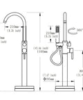 Diagram of Matte Black Freestanding Tub Faucet Floor Mounted Brass Bathroom Tub Filler With Hand Shower showing dimensions.