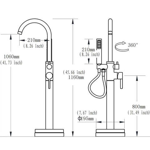 Diagram of Matte Black Freestanding Tub Faucet Floor Mounted Brass Bathroom Tub Filler With Hand Shower showing dimensions.
