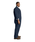 Mens Heavyweight Twill Coveralls Tall Extension Navy Blue Workwear Jumpsuit featuring action back, side view showing baggy fit.