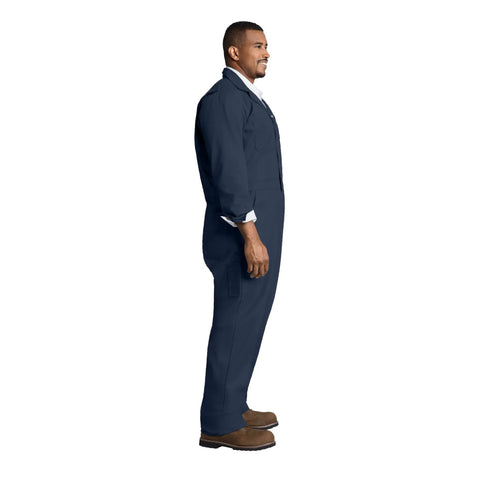 Mens Heavyweight Twill Coveralls Tall Extension Navy Blue Workwear Jumpsuit featuring action back, side view showing baggy fit.