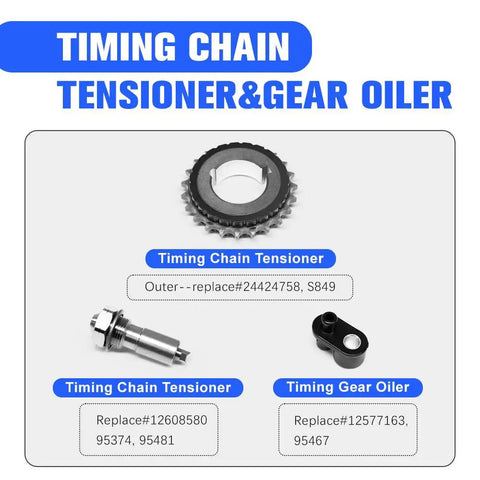 Timing Chain Kit With VVT Sprocket For GM 2.2L And 2.4L Four Cylinder Engines components including tensioner and gear oiler.