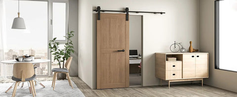 6.6ft Sliding Barn Door Hardware Kit With Heavy Duty Steel Rollers And Flat Tracks, installed on interior door