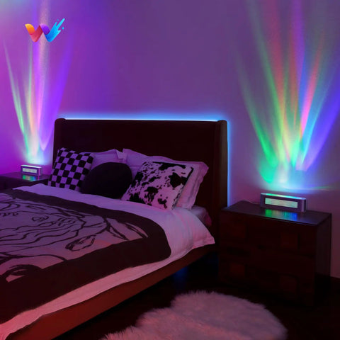 Smart LED Light Bar With RGBICW in bedroom, four light beads projecting color ripples on walls, creating ambient lighting.