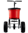 Front view of 90 Pound Broadcast Spreader Walk Behind For Lawn Care And Yard Maintenance With 12.5 Inch Pneumatic Wheels and Big 90 Lb Hopper.