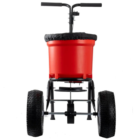 Front view of 90 Pound Broadcast Spreader Walk Behind For Lawn Care And Yard Maintenance With 12.5 Inch Pneumatic Wheels and Big 90 Lb Hopper.