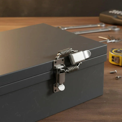 Heavy Duty 304 Stainless Steel Toggle Latch With Double Spring Draw Catch on a toolbox, showcasing secure fit.
