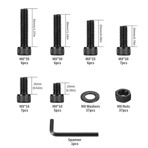 Beefy M8 Metric Screw Set With Hex Socket Head Cap Screws Nuts And Washers 12.9 Carbon Steel Black Oxide Assortment Kit contents