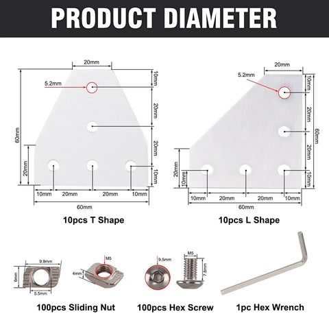 Product diagram of 2020 Series Aluminum Corner Bracket Kit showcasing L and T shape joint plates, nuts, screws, and hex wrench.