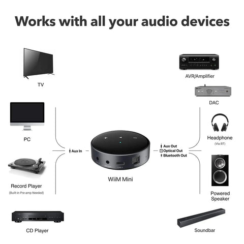 Diagram of AirPlay 2 Wireless Audio Streamer for Multiroom Stereo and TV Audio Preamplifier Turns Your Home Stereo Into a Smart Speaker Works With Alexa and Siri Streams Hi Res From Amazon Music Tidal and More connecting various devices.