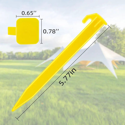 Heavy Duty Plastic Tent Stakes 10 Pack For Camping Beach Canopy Pegs highlighted with dimensions, reusable PP stakes for sand