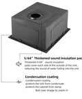 Bottom view of drop in kitchen sink single bowl workstation stainless steel 16 gauge black with sound insulation and condensation coating