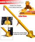 Boss Grade 3 Ton Forklift Jib Boom Crane Adapter With Smooth Zero To Seventy Five Degree Tilt And Extending Seven To Twelve Foot Telescopic Stick Paired With Dual Heavy Duty Carabiners For Quick Site Rigging showing double fork pocket design for forklifts.