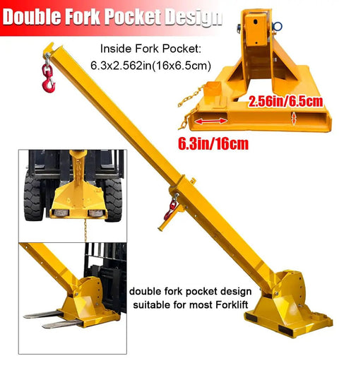 Boss Grade 3 Ton Forklift Jib Boom Crane Adapter With Smooth Zero To Seventy Five Degree Tilt And Extending Seven To Twelve Foot Telescopic Stick Paired With Dual Heavy Duty Carabiners For Quick Site Rigging showing double fork pocket design for forklifts.