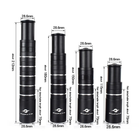 Four sizes of black Bike Stem Riser Extender 115mm For One And One Eighth Inch Steerer 28.6mm Handlebar Rise For MTB BMX Road Bikes Adjustable Height With Spacers Fork Stem Extender Upgrade For Cushioned Comfort And Custom Fit, showing height measurements